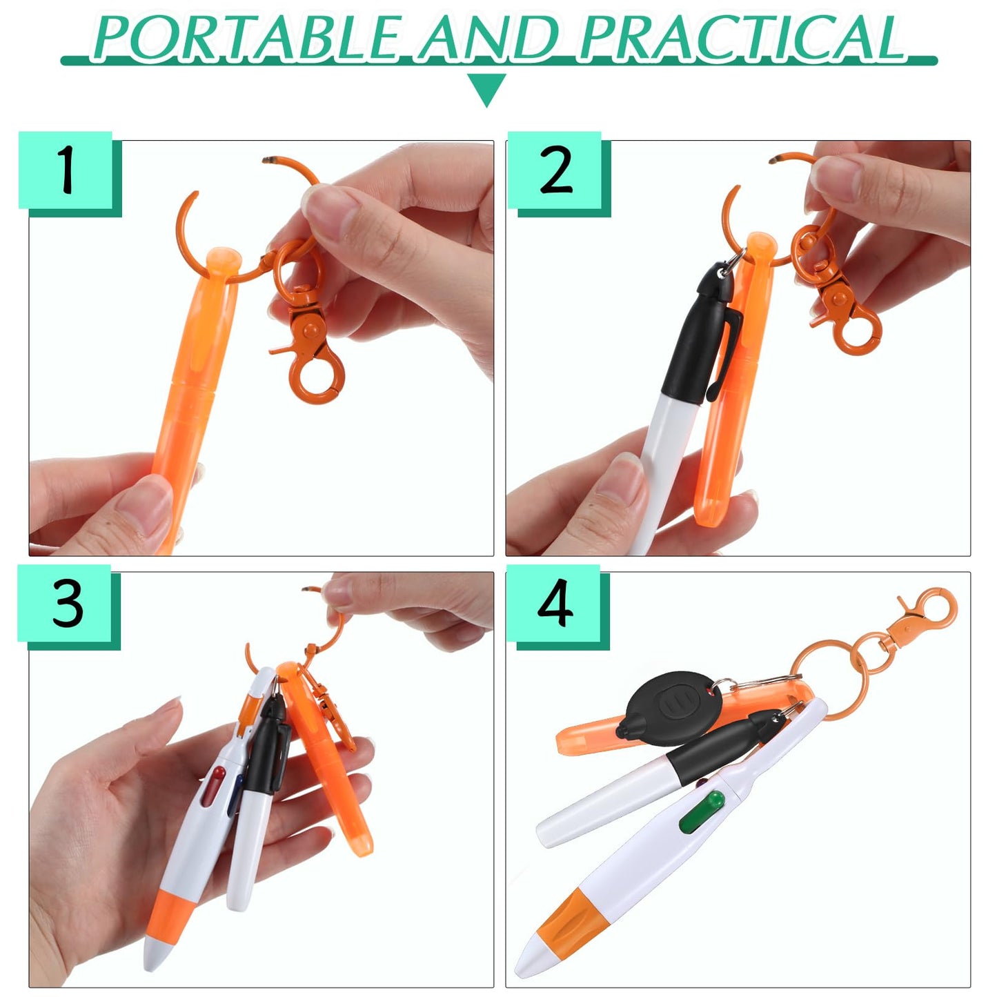 Chinco 30 Pcs Retractable Shuttle Pen Clip with Mini Highlighter Nurse Badge Pen Neon Marker LED Keychain Ring Clip (Plain, Mix Color)