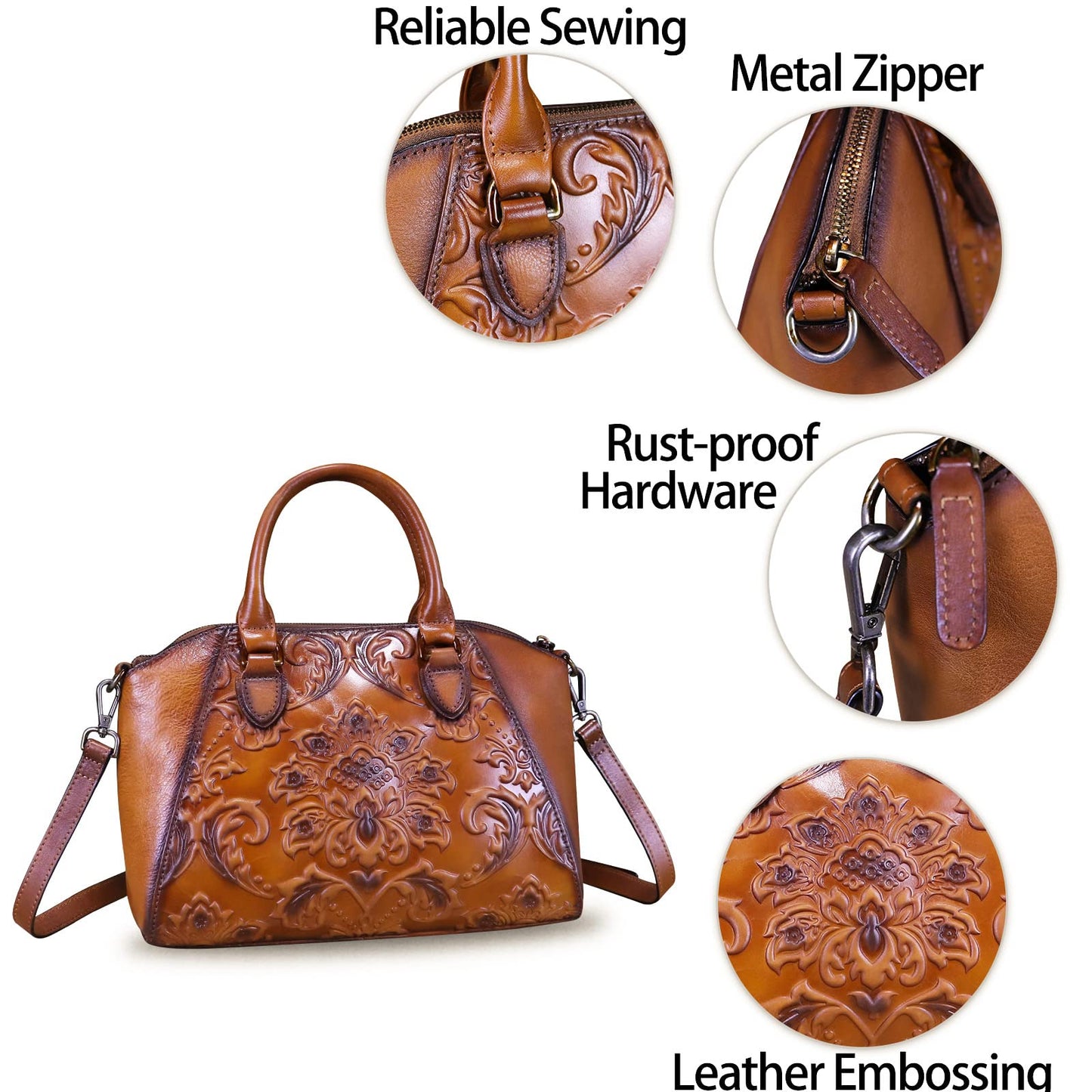 Genuine Leather Satchel for Women Top Handle Bags Handmade Purse Vintage Embossed Leather Crossbody Handbags Hobo Bag (Brown)