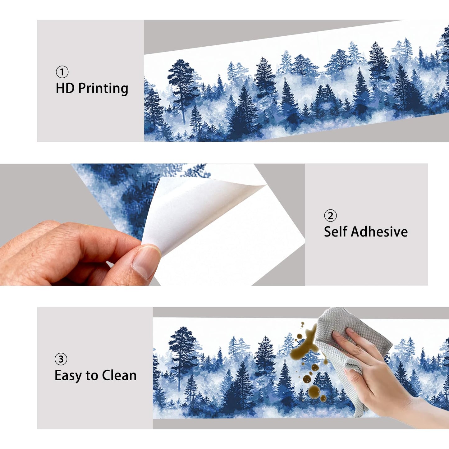 Nuxovilar Peel and Stick PVC Border - 3.94”×16.4 Ft Geometric/Wood/Floral/Christmas Patterns, Easy Apply Home Office Bathroom Decor (Blue Misty Forest Pattern)