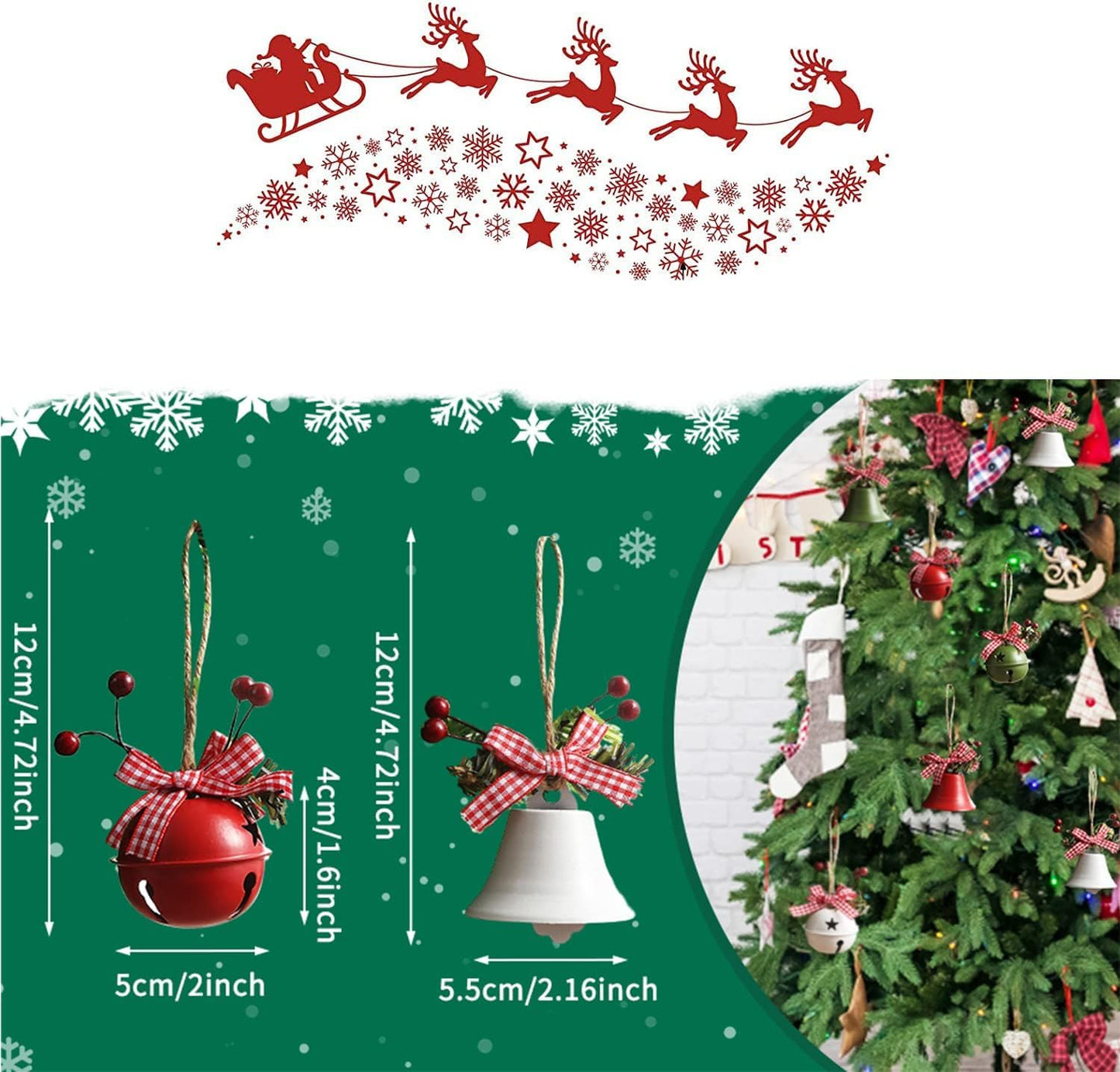 Christmas Bell Ornaments 2025 Xmas Tree Hanging Decorations Large Size Bells with Holly Berry for Crafts Holiday Party Favors Supplies (Red,Green, White) 6 Piece