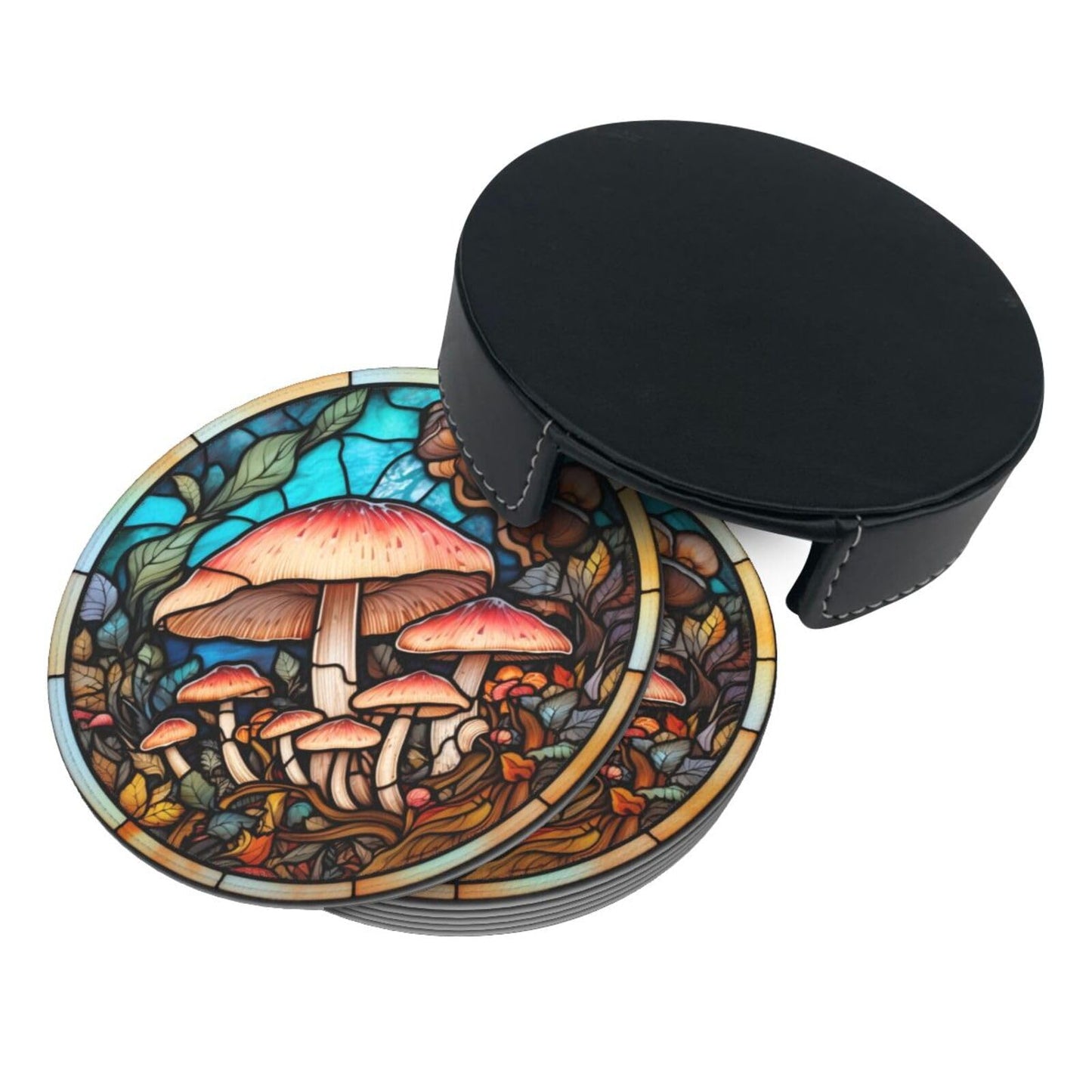 Mushroom Coasters for Drinks,Mushroom Decor Bar Drink Coasters for Coffee Table,Leather Cup Coasters Set of 6 with Holder for Wooden Table,Housewarming Bar Coasters Gifts
