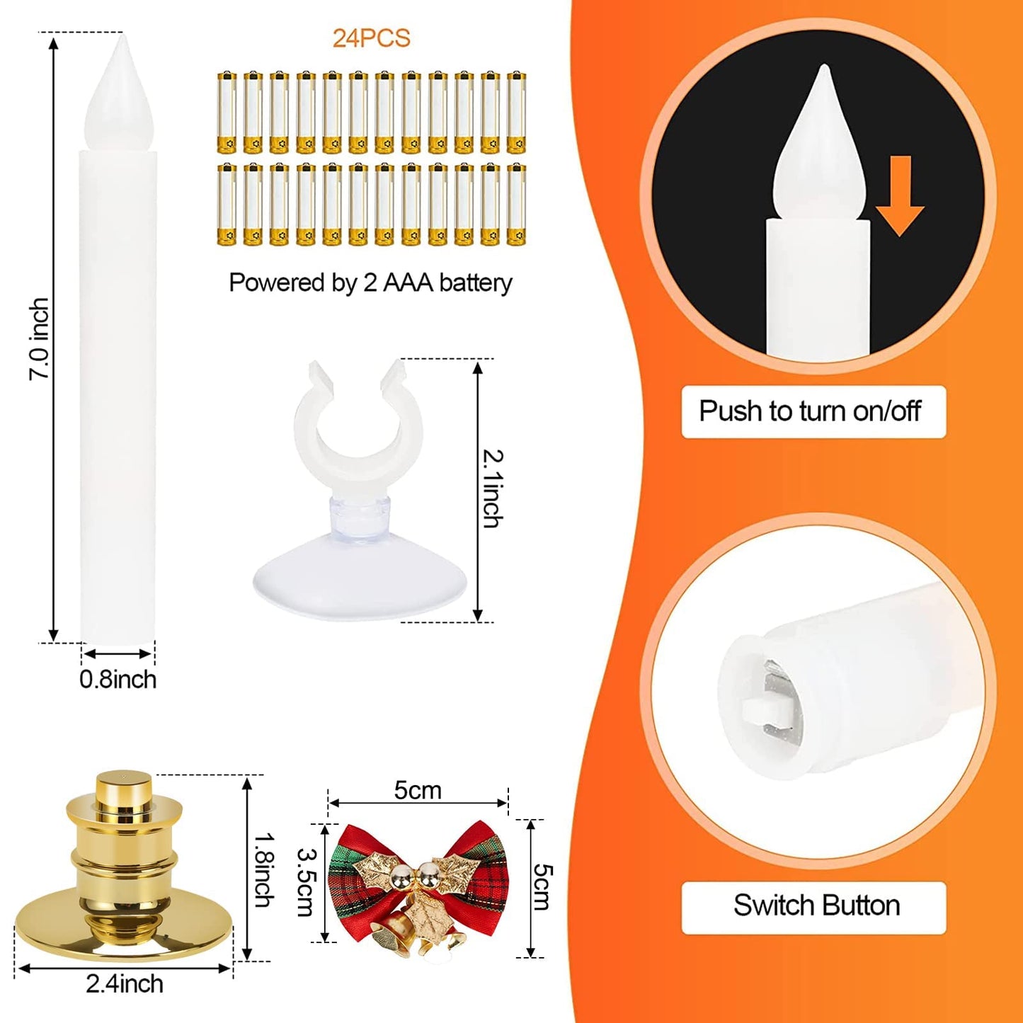 Kithouse Flameless Candles-Window Candles-LED Battery Operated Candles with 24 AAA Batteries,10-Key Remote and Daily Timer,Window Suction Cups,Gold Removable Holders,Christmas Bow