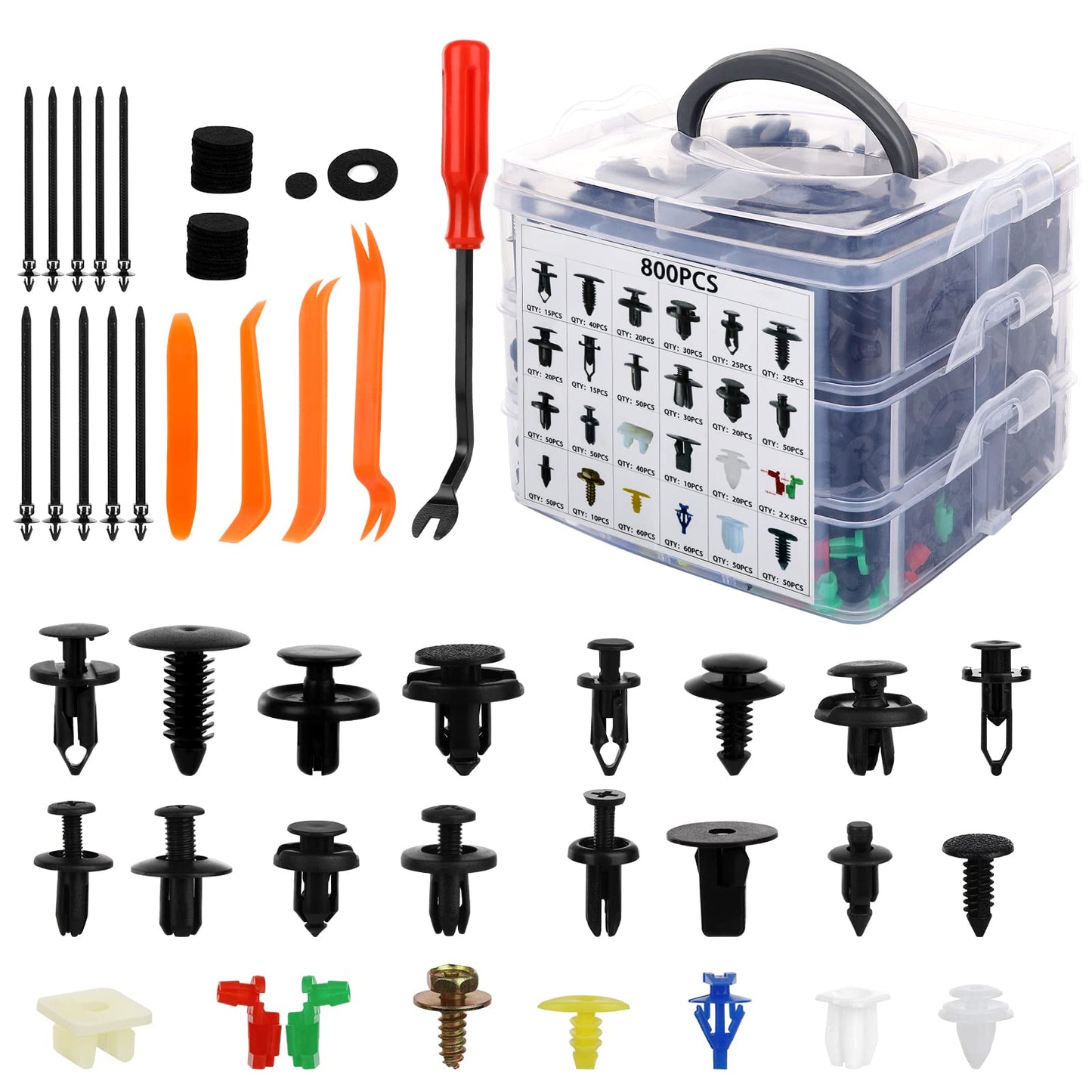 835 PCS Car Push Retainer Clips and Plastic Fasteners Kit - 24 Sizes Nylon Bumper Fender Clips Plastic Rivets with Fasteners Removal Tool for Toyota GM Ford Honda Acura Chrysler