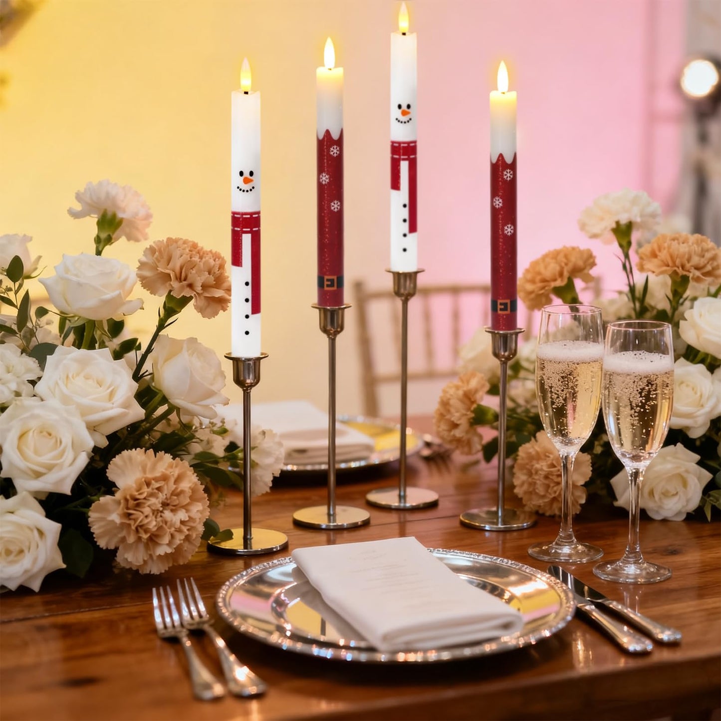 Wondise Christmas Snowman Flameless Taper Candles with Remote Timer, Real Waxy Battery Operated Flickering Candlesticks 3D Wick LED Candles 9.6inch for Halloween Christmas Thanksgiving Decoration