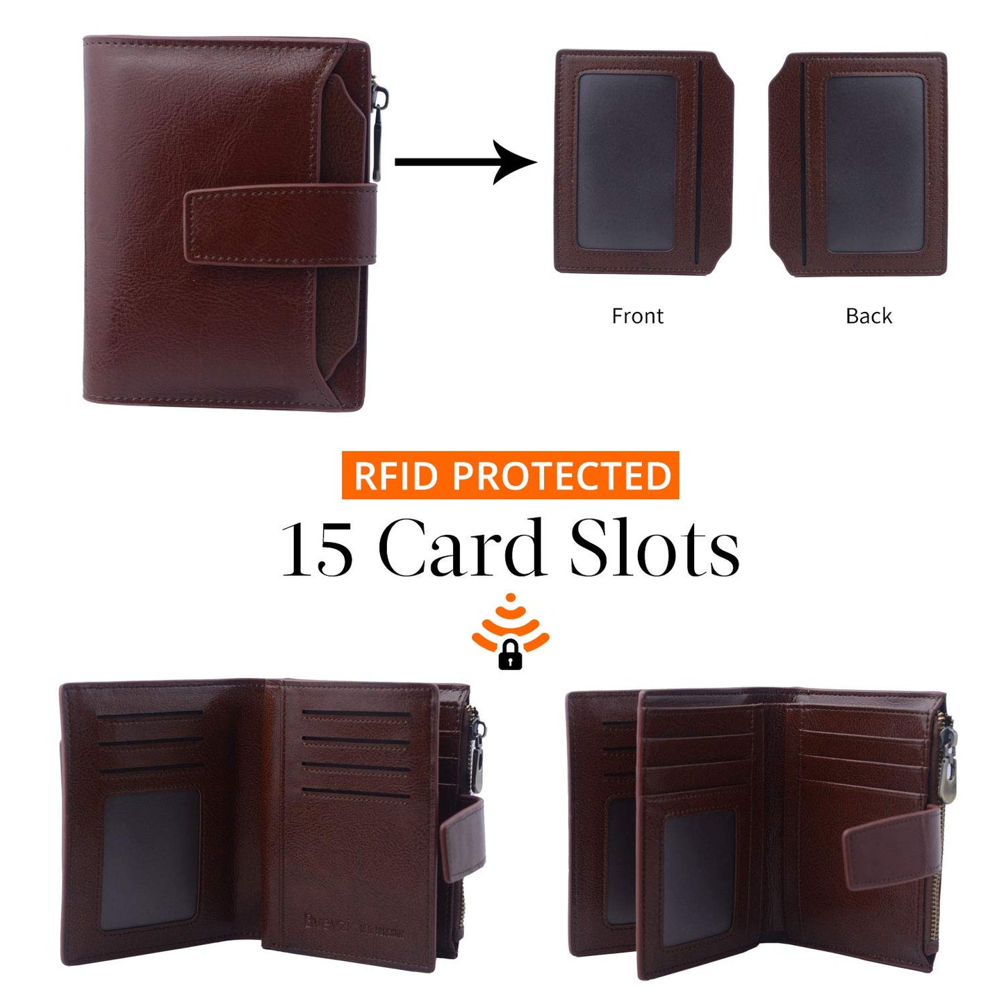 Bveyzi Women's Small Leather RFID Blocking Bifold Zipper Pocket Wallet Ladies Credit Card Slots Purse with id Window(Coffee)