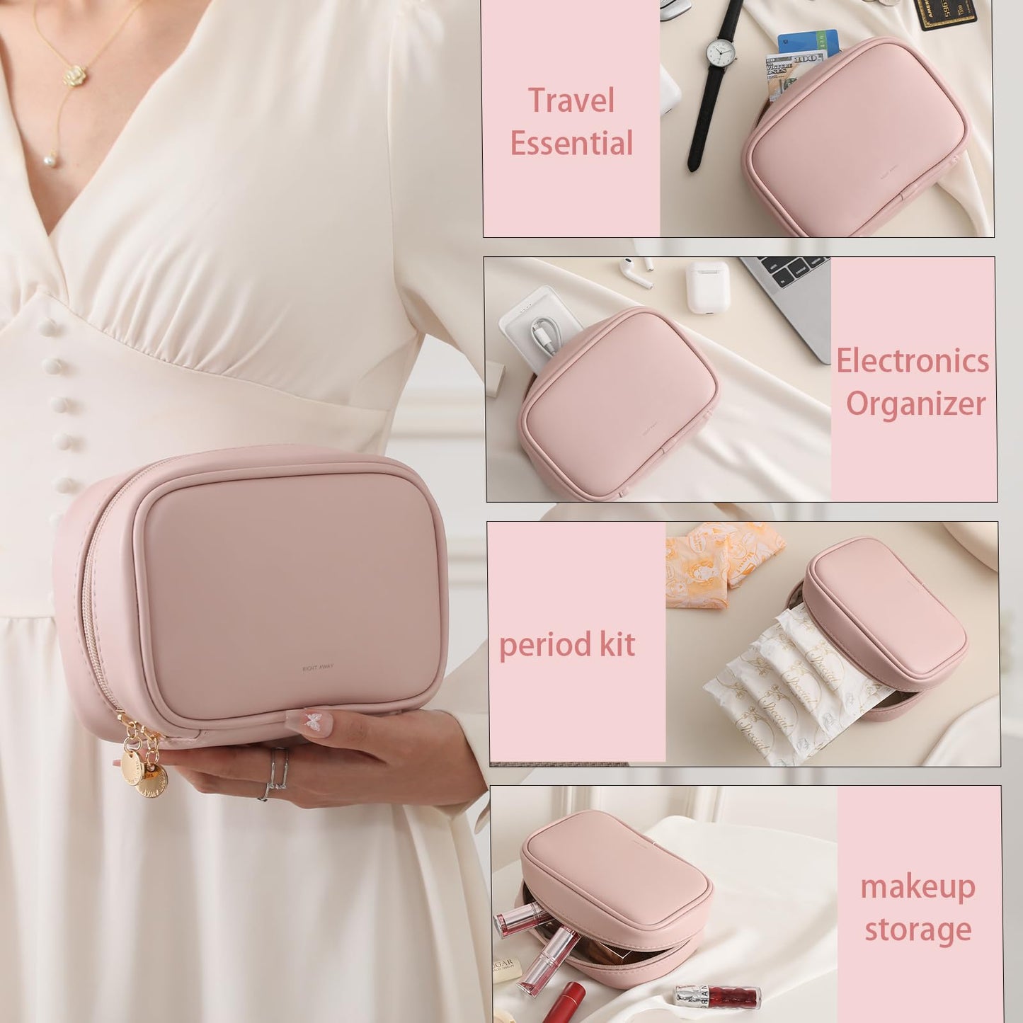RIGHT AWAY Small Makeup Bag for Purse,Cosmetic Bag Organizer for Women,Waterproof PU Leather Make Up Pouch Toiletry Bag with Pockets,Portable Makeup Case for Travel Accessories&Accessories(Pink)