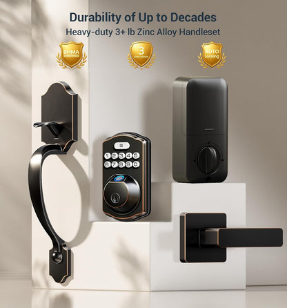Veise Fingerprint Door Lock Set, Keyless Entry Door Lock, Front Handle Set, Electronic Keypad Deadbolt with Lever Handle, 2 Keys, Auto-Locking, One-time Codes, Easy to Install, Oil Rubbed Bronze