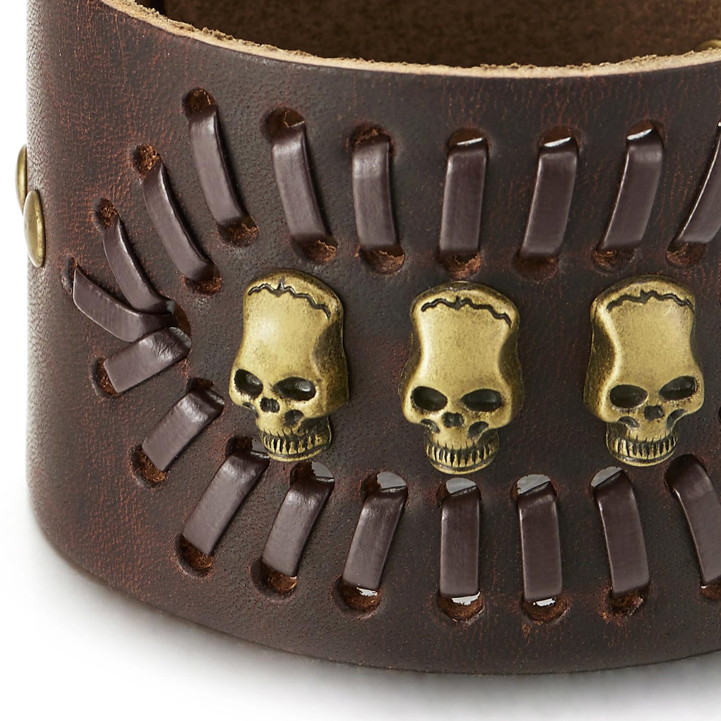 COOLSTEELANDBEYOND Men’s Brown Leather Skull Cuff Bracelet, Wide Adjustable Wristband with Vintage Punk Detail, Biker Fashion Jewelry Gift for Him