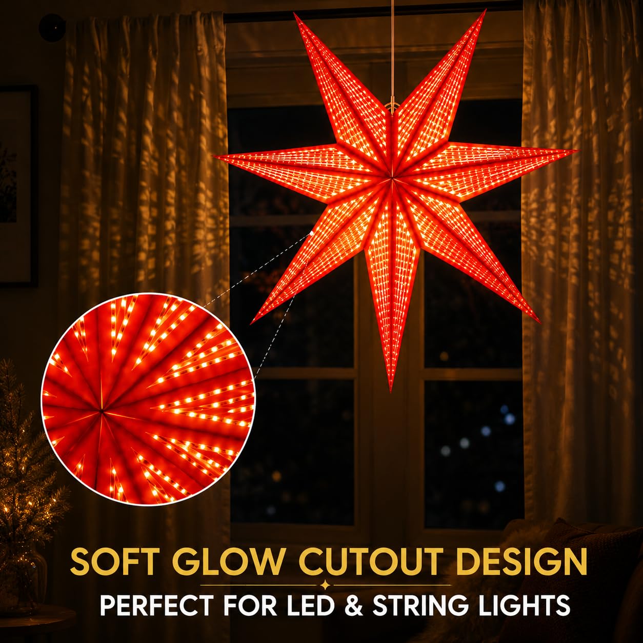 GalaxyArts 7-Point Paper Star Lantern - Striped Cutout Hanging Light Decoration - Foldable Hollow Out Star Lamp Shade for Home, Party, Christmas, Wedding Décor - Indoor/Outdoor 3D Hanging Star(Red)