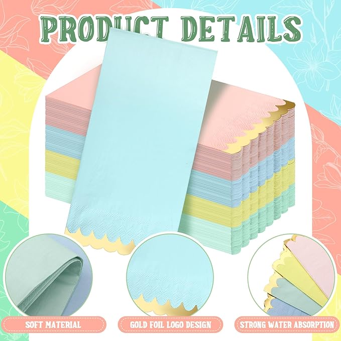 Estune 100 Pack Pastel Napkins with Gold Foil Scalloped Edge 4 x 8 Inch 2 Ply Disposable Thick Paper Cocktail Napkins Unicorn Party Decor for Wedding Dinner Birthday Tea Party Supplies(Multi Color)