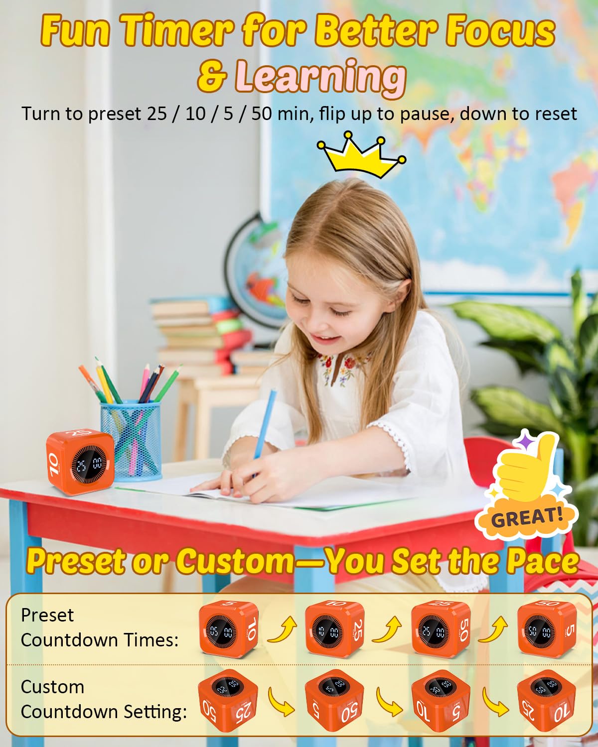 COWVTUJ Digital Pomodoro Timer Cube 5/10/25/50min, Visual Productivity Flip Timer for Kids Classroom Desk, Custom Countdown, Silent and Sound Mode for ADHD Study Work Game Kitchen (Orange)