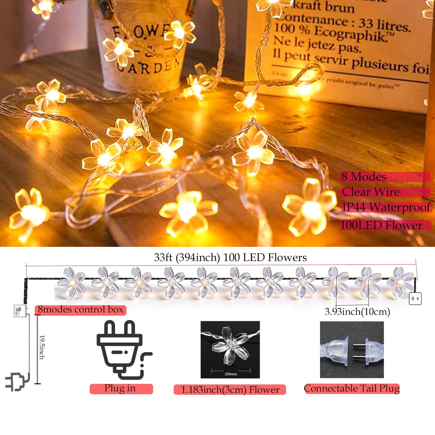 Indoor Plug in Decorative Fairy Flower String Lights, 33ft 100 LED Twinkle Cherry Blossom Floral Lamp for Bedroom Window Wall Ceiling Tree Hanging, Christmas Easter Birthday Decor (Warm White)
