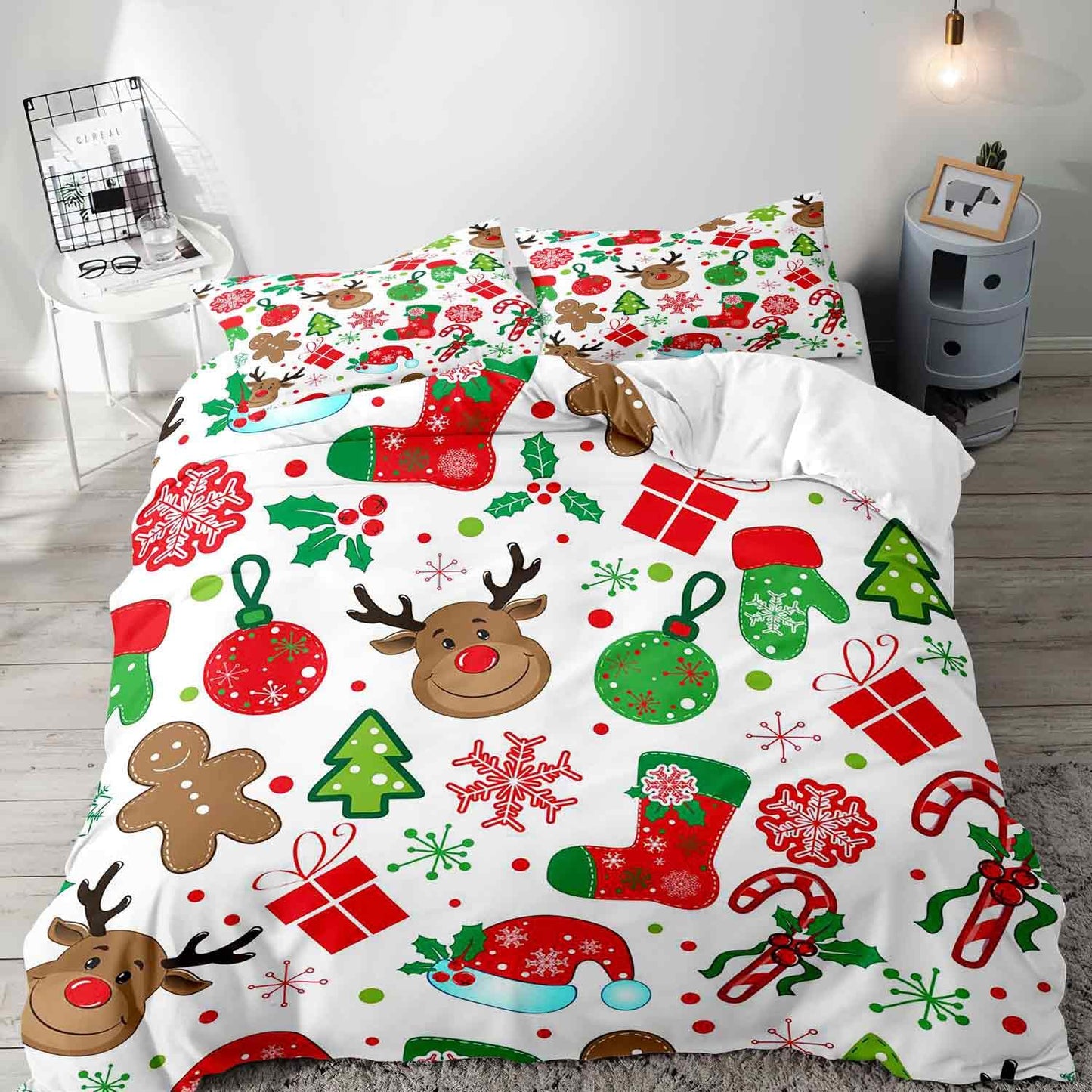 LUVIVIHOME 3PCS Christmas Duvet Cover Queen, White Duvet Cover, Boys Girls Kids Bedding, Cute Reindeer Snowflake Gingerbread Candy Cane Holiday Christmas Comforter Bedspread Quilt Cover 2 Pillow Cases