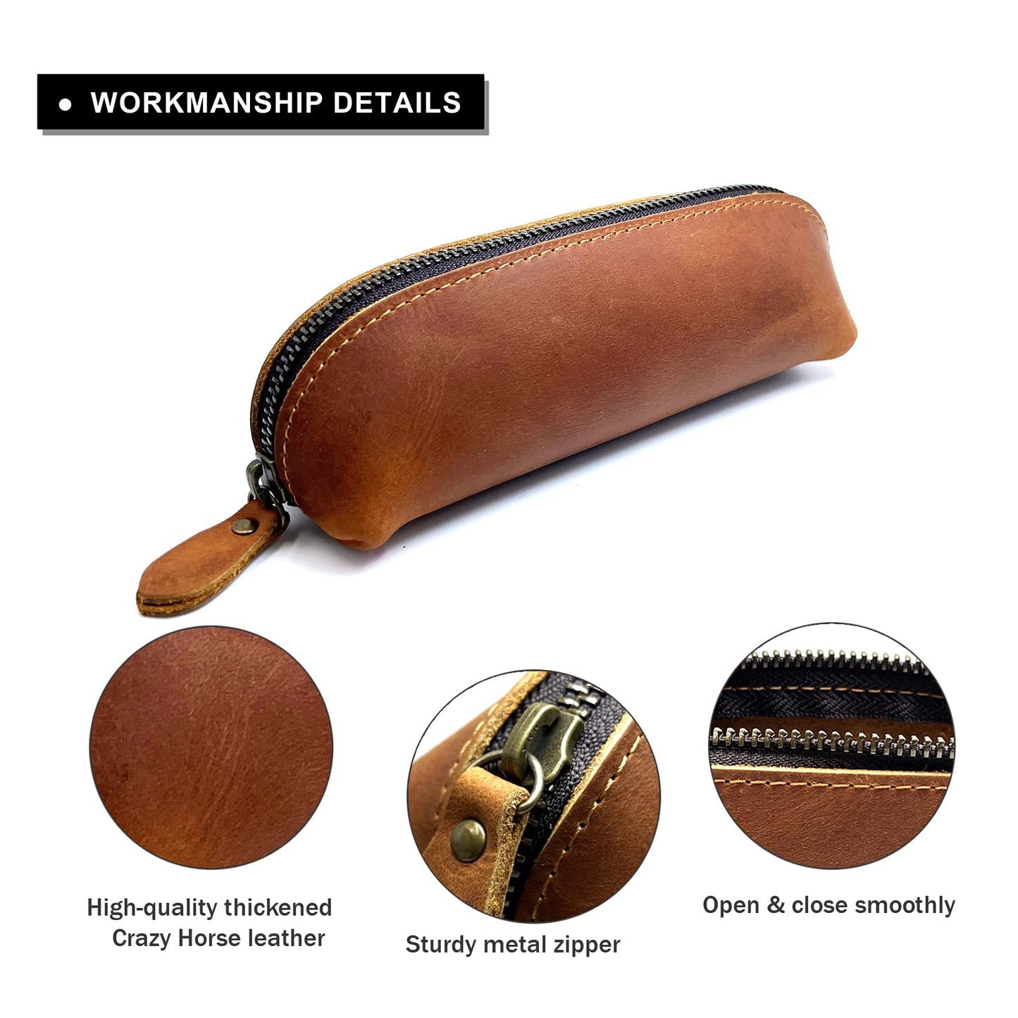 Craoopii Leather Pen Case Pencil Bag Pouch With Zipper Pen Holders Handmade Genuine Leather For Men Women Businessmen And Artists Home Work Office (Brown)