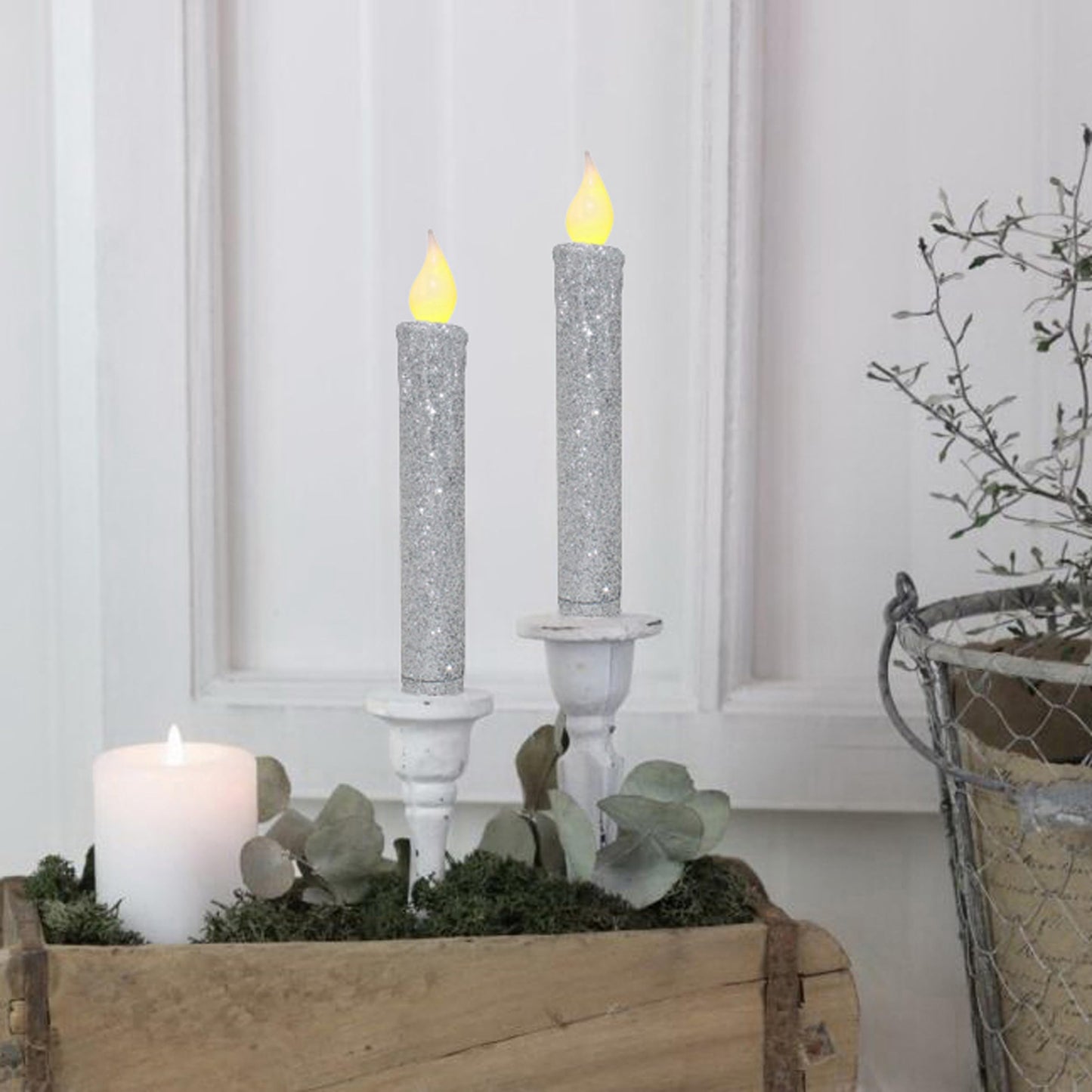 CVHOMEDECO. Glitter Flameless Candles Flickering Battery Operated LED Taper Candles with Timer for Home, Wedding, Halloween, Christmas Decor. Glitter Silver, 6-3/4 Inch, Set of 2