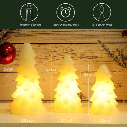 CHUANGLI 3 Pcs Glittering White Christmas Tree Shaped Candle Flickering Flameless LED Candles with Remote, Real Wax Battery Operated Candle for Christmas Home Party Decoration and Gift
