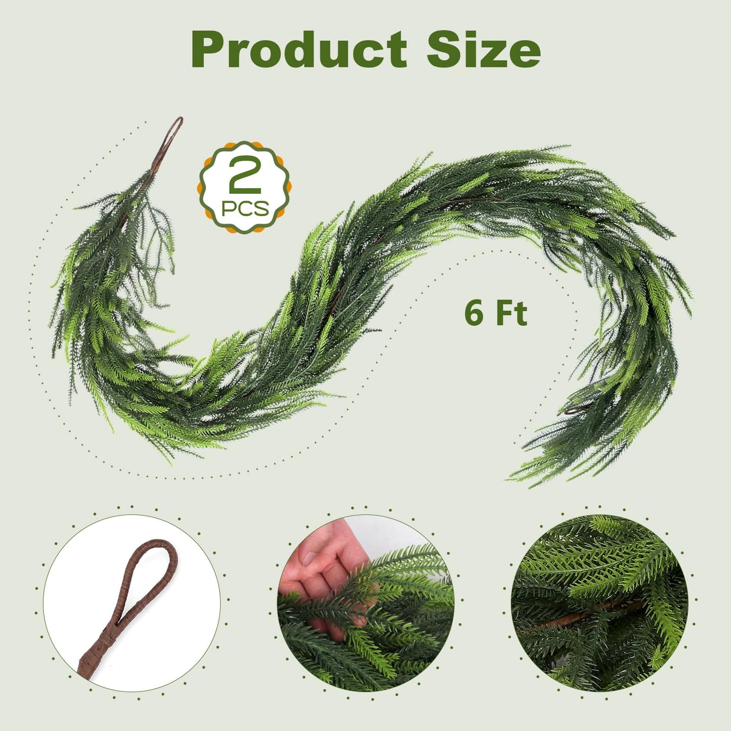 PABREY Artificial Norfolk Pine Garlands, 2 Pcs 6 Ft Real Touch Garlands, Winter Green Greenery Christmas Garlands for Mantle, Table, Wall, Outdoor, Indoor Christmas Decorations (6 FT, 2)