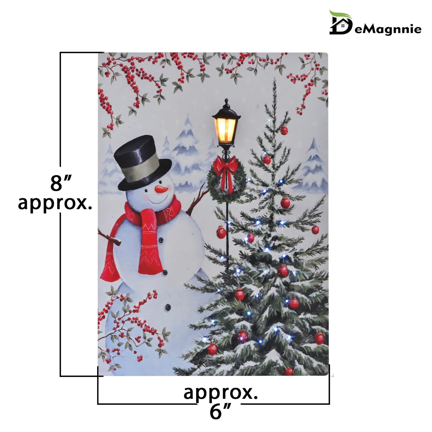 DEMAGNNIE Light Up Canvas Prints w/Timer - 8"x6" Snowman Decor w/Lamp Post LED Christmas Pictures w/Fiber Optic Lights Run by Batteries - Mini Wall Art Painting Print Standing Framed for Tabletop
