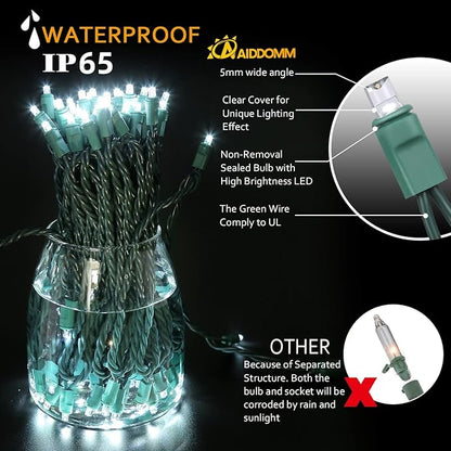 100 Counts Cool White LED Christmas Lights – 50ft 5mm White Christmas Lights Outdoor Commercial Grade Waterproof, Indoor Christmas Tree Decorations, Green Wire Mini String Lights, UL, IP:65