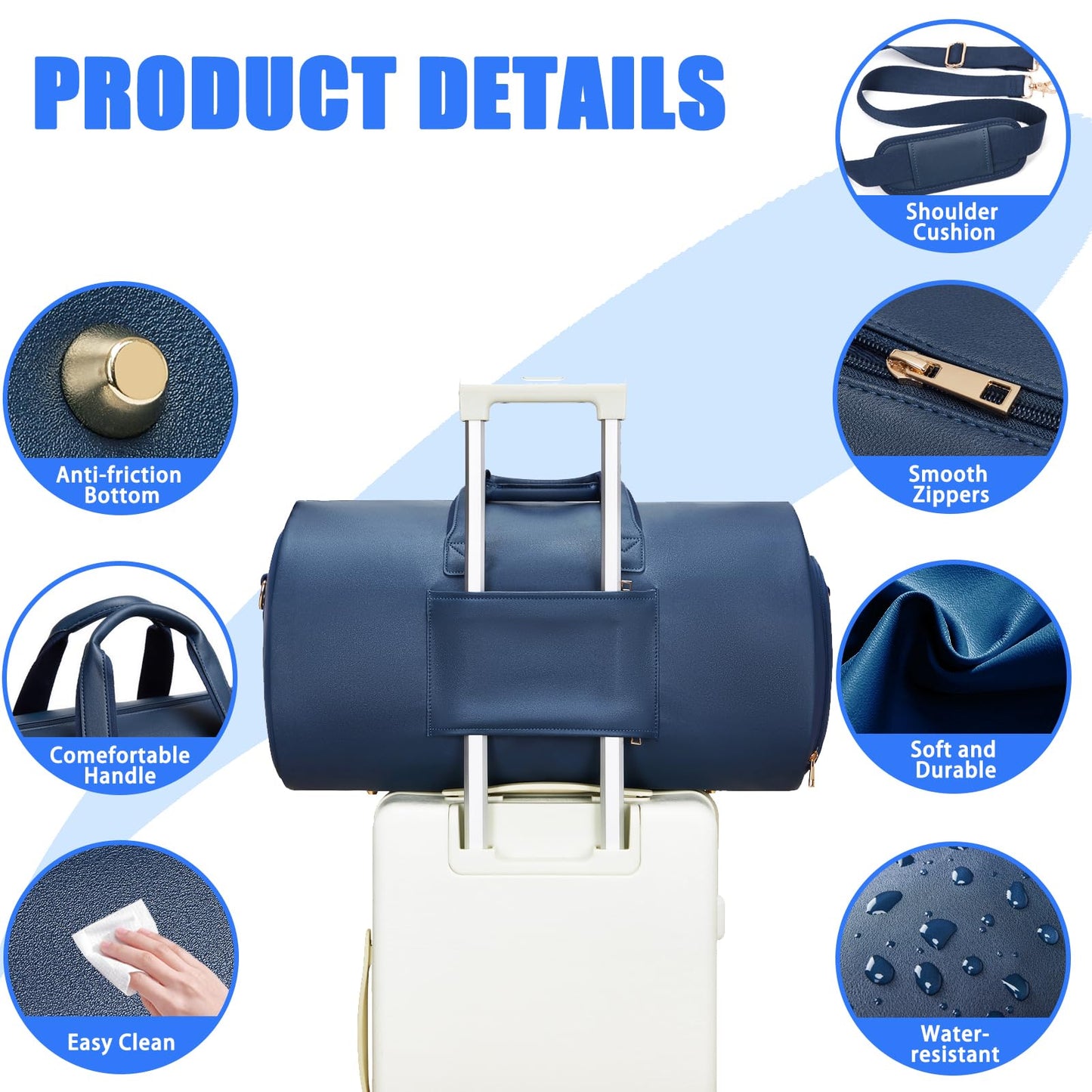 Leather Garment Bag，Convertible Garment Duffel Bag for Travel Mens Suit Bag 2 in 1 Waterproof Foldable Carry on Garment bag with Shoulder Strap Weekender Bag with Shoe Pouch