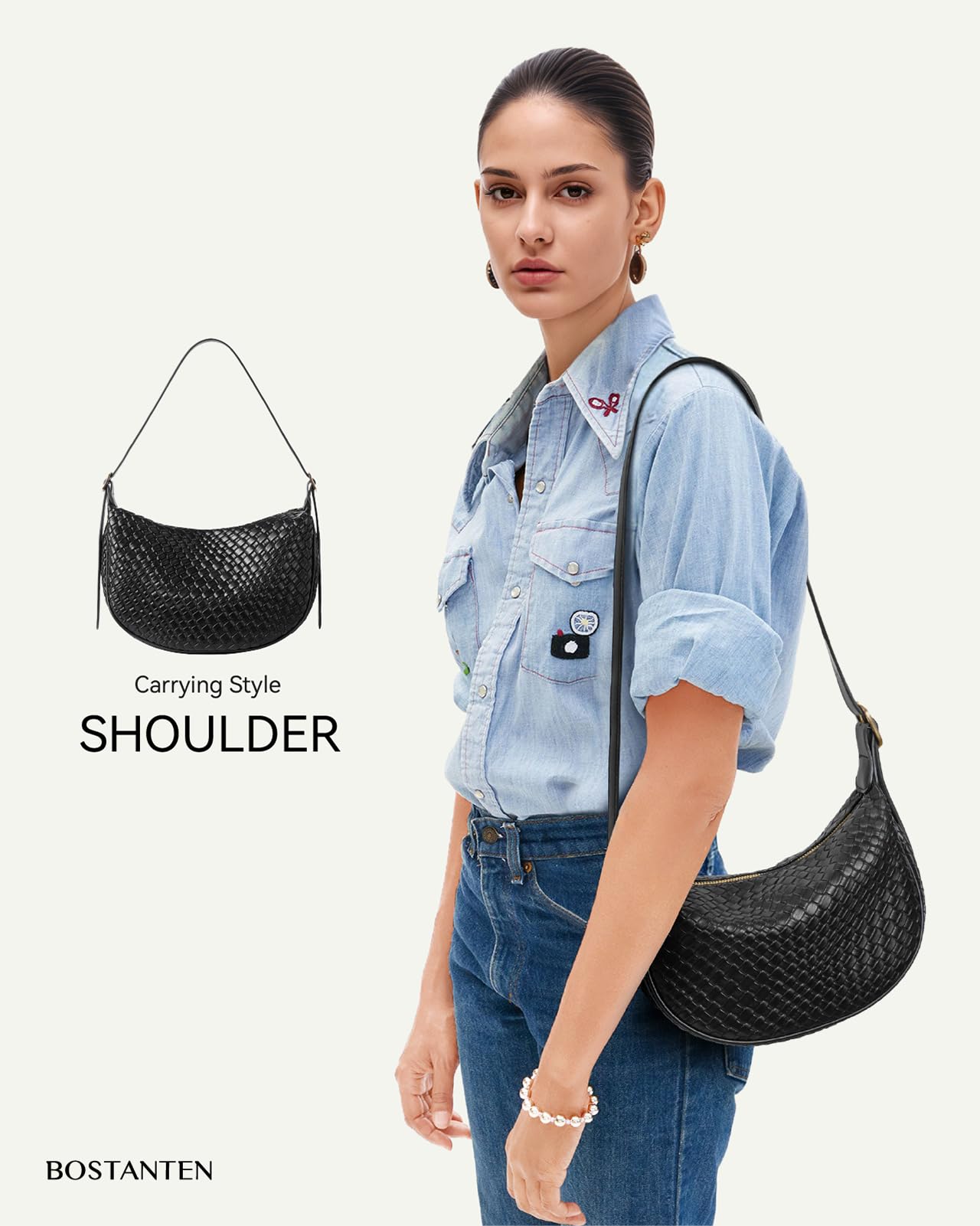 BOSTANTEN Purses for Women Crescent Crossbody Bag Vegan Leather Shoulder Hobo Handbag Adjustable Strap, Small Black