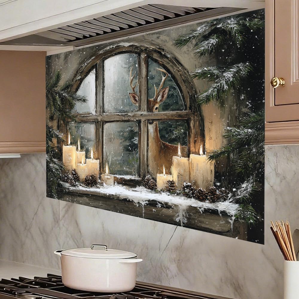 WDESYADMS 35.5x23.6 Inch Winter Window Scene Wall Decals PVC Candle Pine Cones Deer Artwork Peel and Stick Decorative Film for Home Cooking Area Backsplash Stovetop Space Holiday Seasonal Style