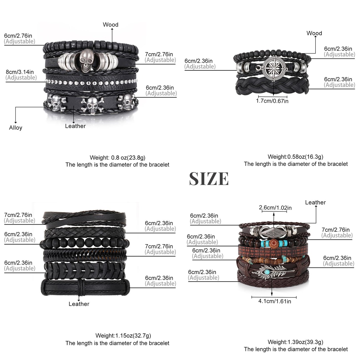 KISS WIFE Leather Bracelet for Men, 4 Packs Punk Bracelets Set, PU Braided Wrap Wristband Skull Skeleton Rock Emo Jewelry Accessories Adjustable Black Brown