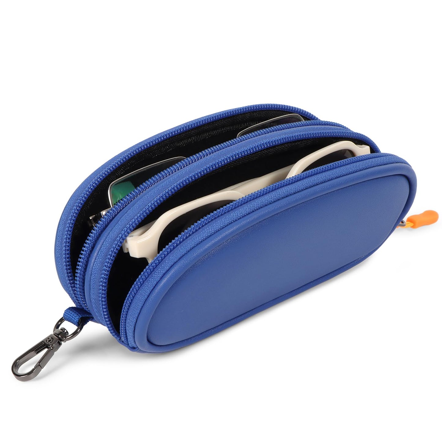 Tangoner Double Eyeglasses Case with Zipper – Faux Leather Soft Sunglasses Pouch, Portable Travel Glasses Holder with Keychain Clip for Men & Women (Blue PU)