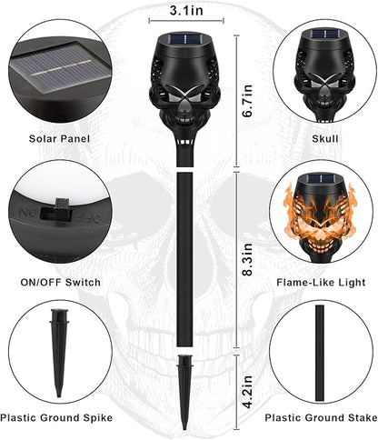 Solar Halloween Decorations Outdoor, 8 Pack Spooky Skulls Solar Torch Flame Lights, Waterproof Pathway Halloween Lights for Garden, Yard, Lawn, Porch, Landscape Decor, Orange
