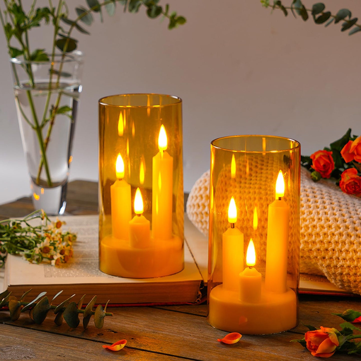 2 Pack 3D Wick Flameless Taper Candles, Champagne Transparent Acrylic Cover, Remote Control Flickering LED Candles, Battery Operated Electric Candles for Wedding Party Christmas Home Table Decor.