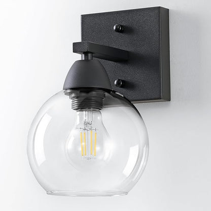 Bathroom Light Fixtures, 1-Light Matte Black Vanity Light with Hand-Blown Thick Glass Shade, High Clarity & Durable, Wall Sconce for Mirror, Kitchen, Bedroom, Hallway