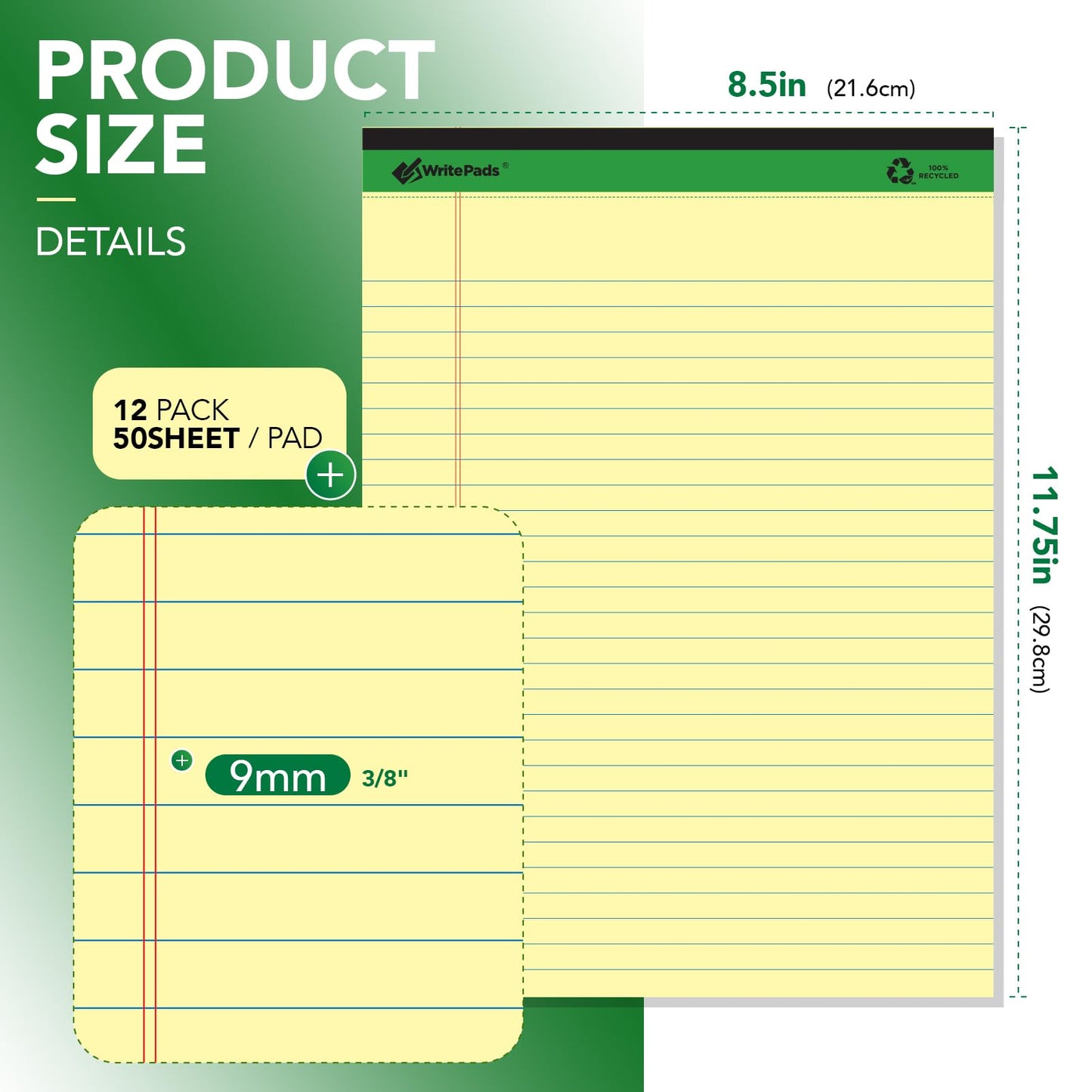 KAISA Legal Note pads 8.5 x 11，12pads 600 Sheets note pads office supplies Recycled Paper 8.5 x 11 Wide Ruled 50 sheets Premium Thick Paper Hard Back Notepads 8-1/2"x 11-3/4" Writing Tablet Canary For Office Supplies (Pack of 12)