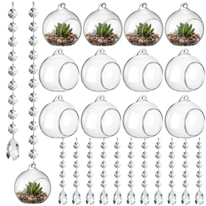 GlikCeil 56 Pcs 3.15'' Hanging Glass Tealight Holder Globe with K9 Crystal Garland Strands,Teardrop Pendant Hanging Tealight Candle Holder Orbs Air Plant for Wedding Centerpiece Party Decor (Clear)