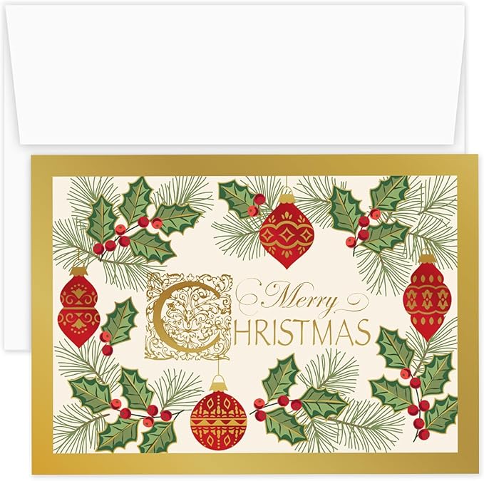 Masterpiece Antique Ornament Christmas Cards / 15 Festive Evergreen Holly Holiday Card Set With Foil Accents And White Envelopes / 5 5/8" x 7 7/8" Winter Greeting Cards With Inside Verse