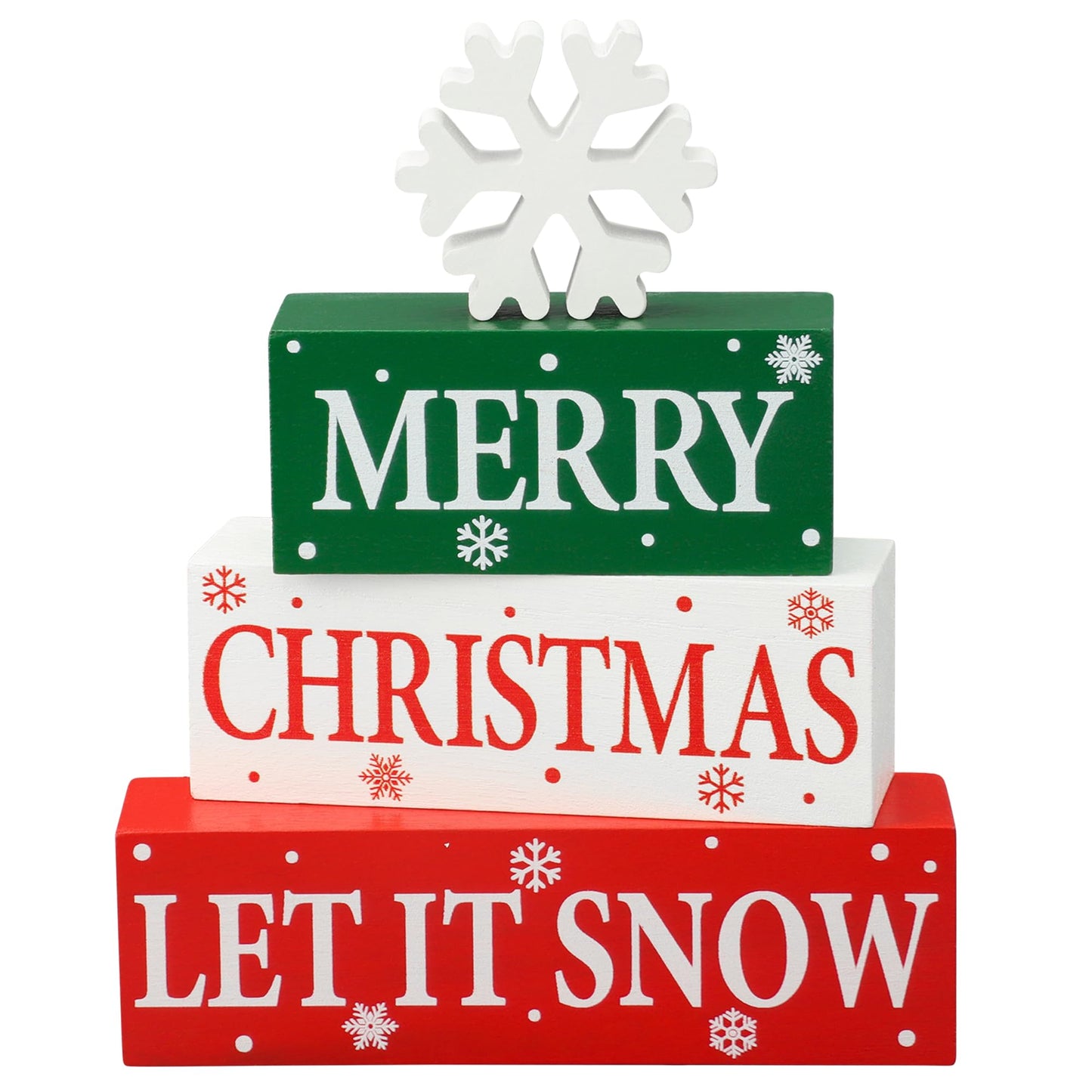 4 Pcs Merry Christmas Wooden Tabletop Decor Let It Snow Table Centerpiece Snowflake Table Sign Xmas Tiered Tray Decor Red Green Wood Block for Xmas Holiday Home Office Kitchen Desk Shelf Decors