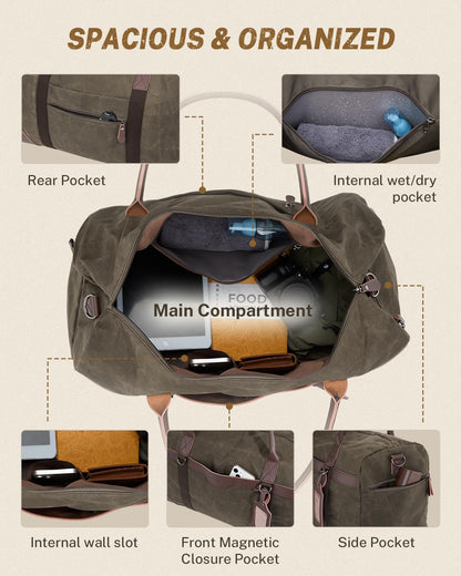 Gonex Waxed Canvas Duffle Bag for Travel, Water-resistant Vintage 55L Duffel Weekender with Shoes Compartment & Luggage Tag, Heavy-duty Overnight Bag with Suitcase Handle Sleeve for Men, Army Green