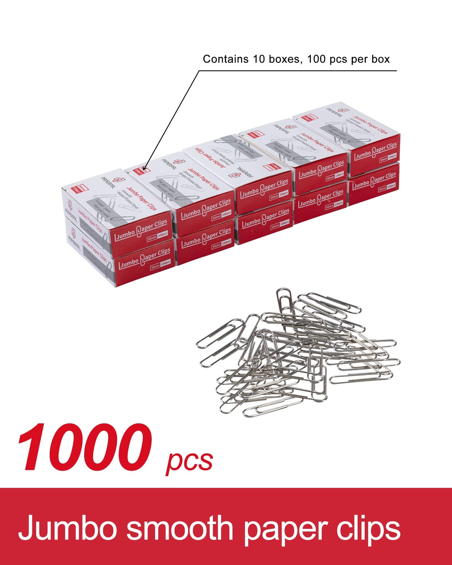 PAPERPAL Paperclips for Office School & Personal Use, Jumbo Smooth Paper Clip (2"), 1000 Large Paper Clips (10 Boxes of 100 Each), Silver