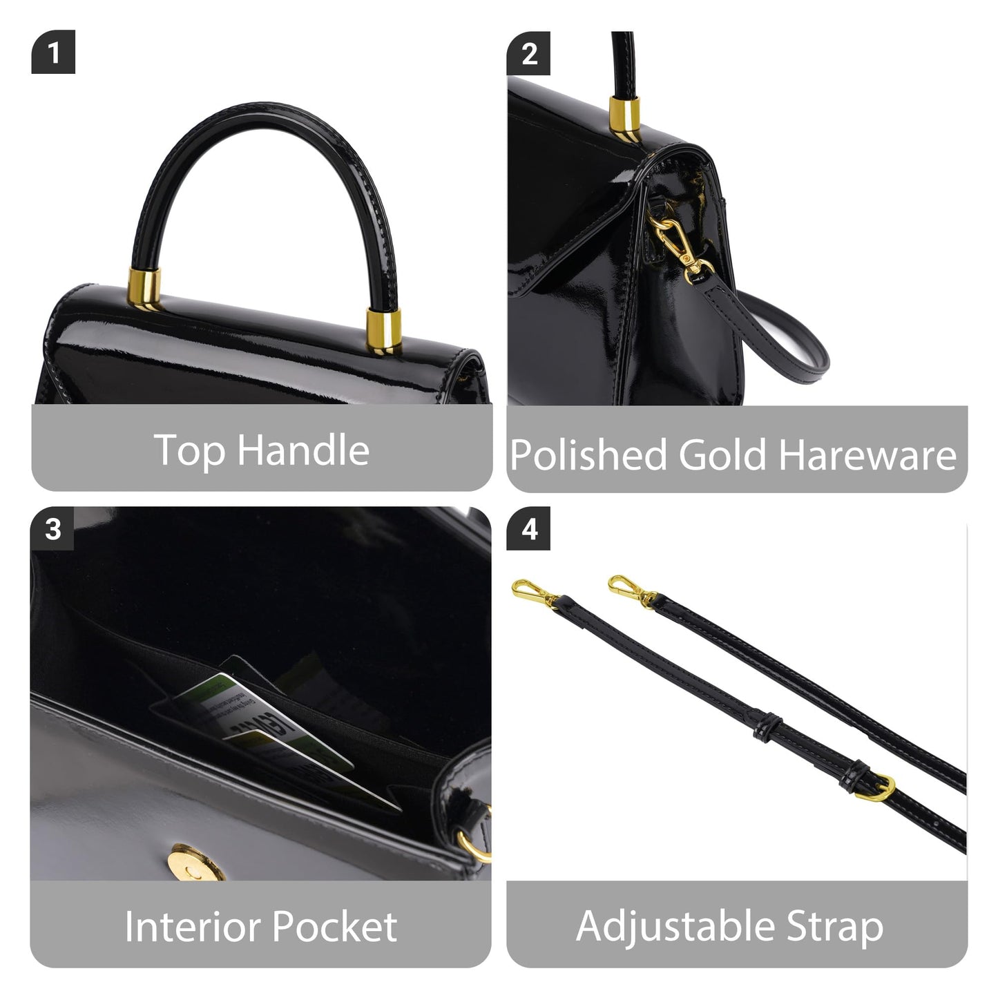 Milisente Women's Top Handle Clutch Purse Vegan Leather Crossbody or Handheld Bag For Day And Night Structured Patent Purse with Detachable and Adjustable Strap (Black)