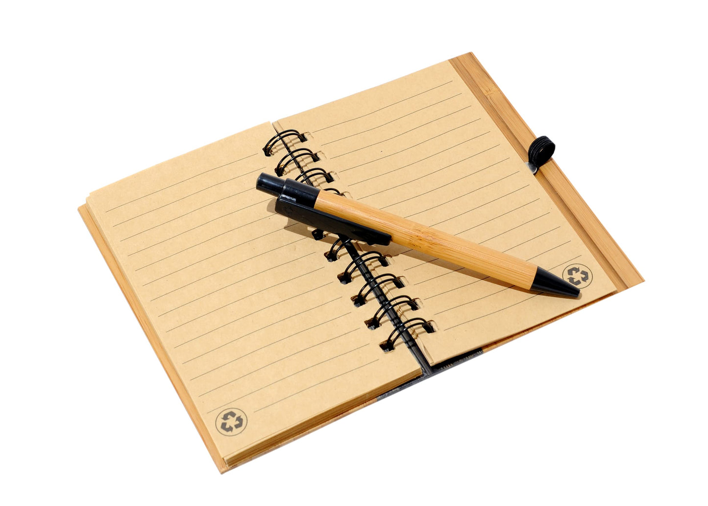 Bamboo Covered Notebook, Spiral Hardcover, Bamboo Ballpoint Pen, Diary for Students, Sketches, Writing, Lined Page, Arts & Crafts, Note-Taking, 70 Sheets, Recycled Product, Eco-Friendly Production