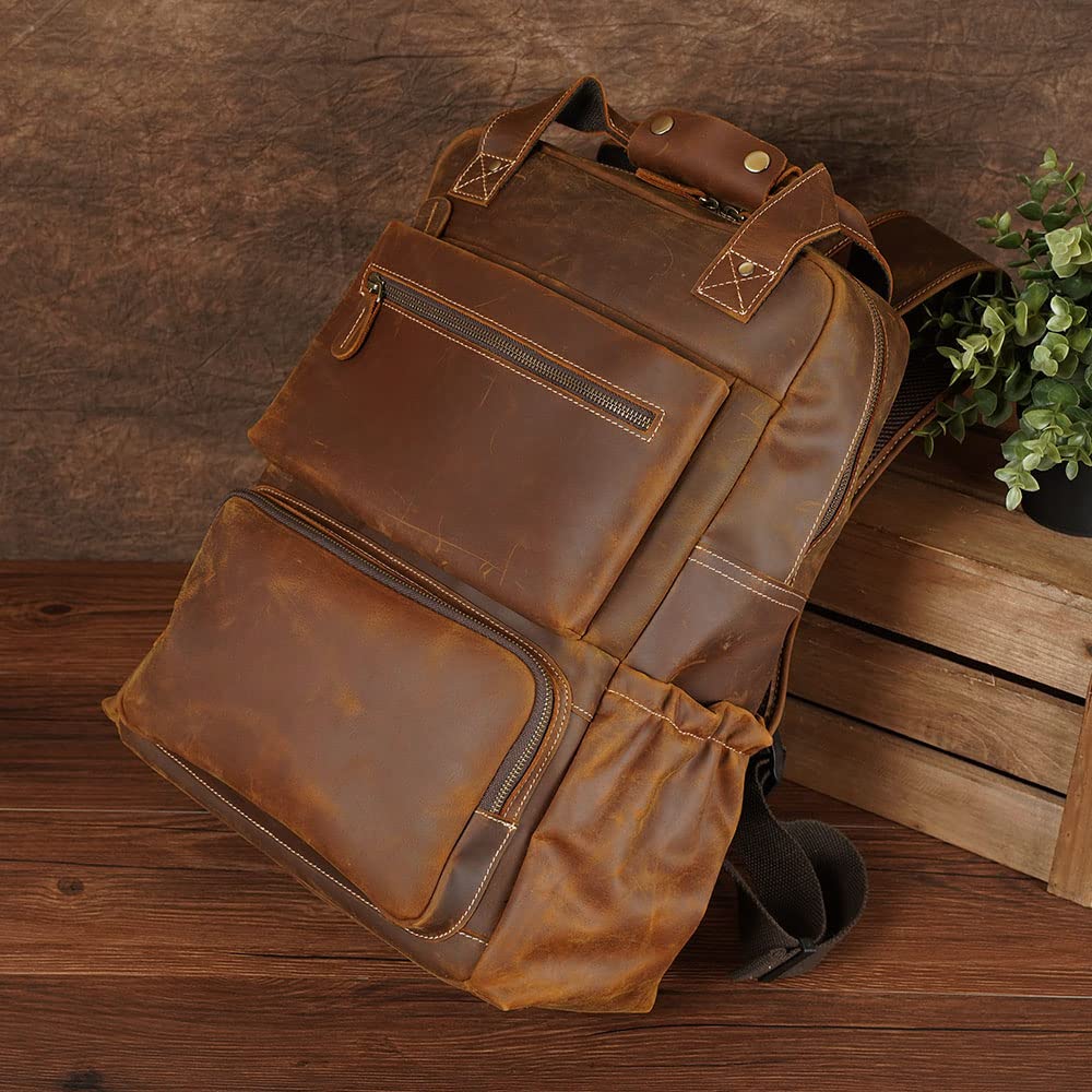 TIDING Brown Leather Laptop Backpack for Men, Vintage Business Casual Daypack Fits 15.6" 16" Computer, Large Weekender Travel Back Pack