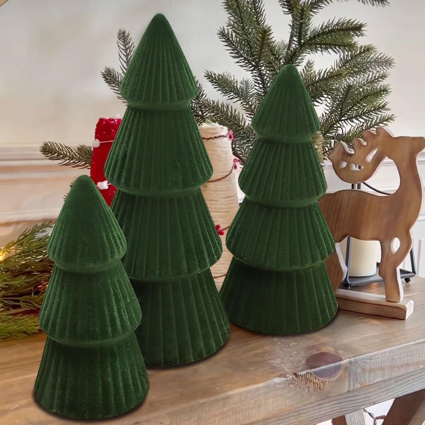 Christmas Decorations - Set of 3 Velvet Ceramic Christmas Trees - Modern Cone Indoor Christmas Decoration Centerpieces for Table Mantel and Living Room Home Decor (Green)