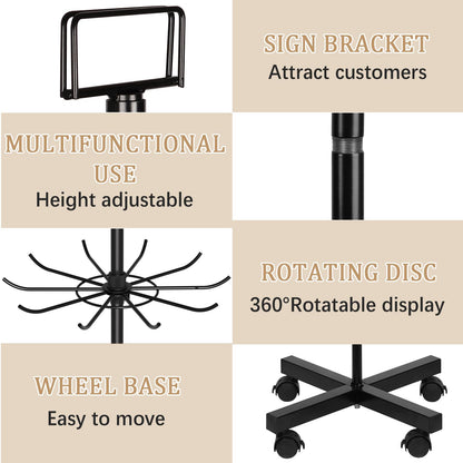 Exttlliy Retail Display Stand Store Display Rack 6 Tier Metal Spinning Display Stand Rack with Wheels Keychain Jewelry Stocking Hat Stand with Hooks for Malls, Showroom, Retail Store (6 Tier Black)