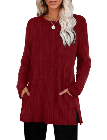 SAMPEEL Womens Sweaters Crewneck Long Sleeve Shirts with Pockets Fall Outfits 2025 Fashion Winter Clothing Side Slit