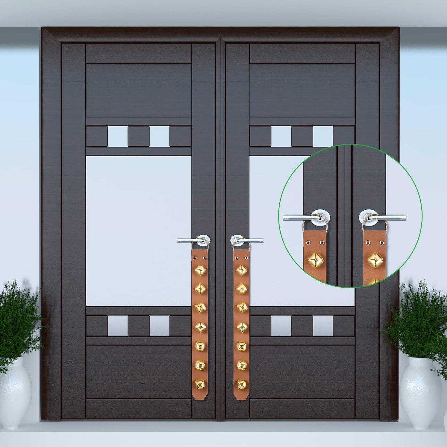Frienda Hanging Jingle Sleigh Bells 7-Bell Dog Doorbells for Door Knob Faux Leather Belts Go Outside Dog Bells Christmas Decor and Holiday Decorations, 18.7 x 1.8 x 1 Inches(Light Brown with Gold)