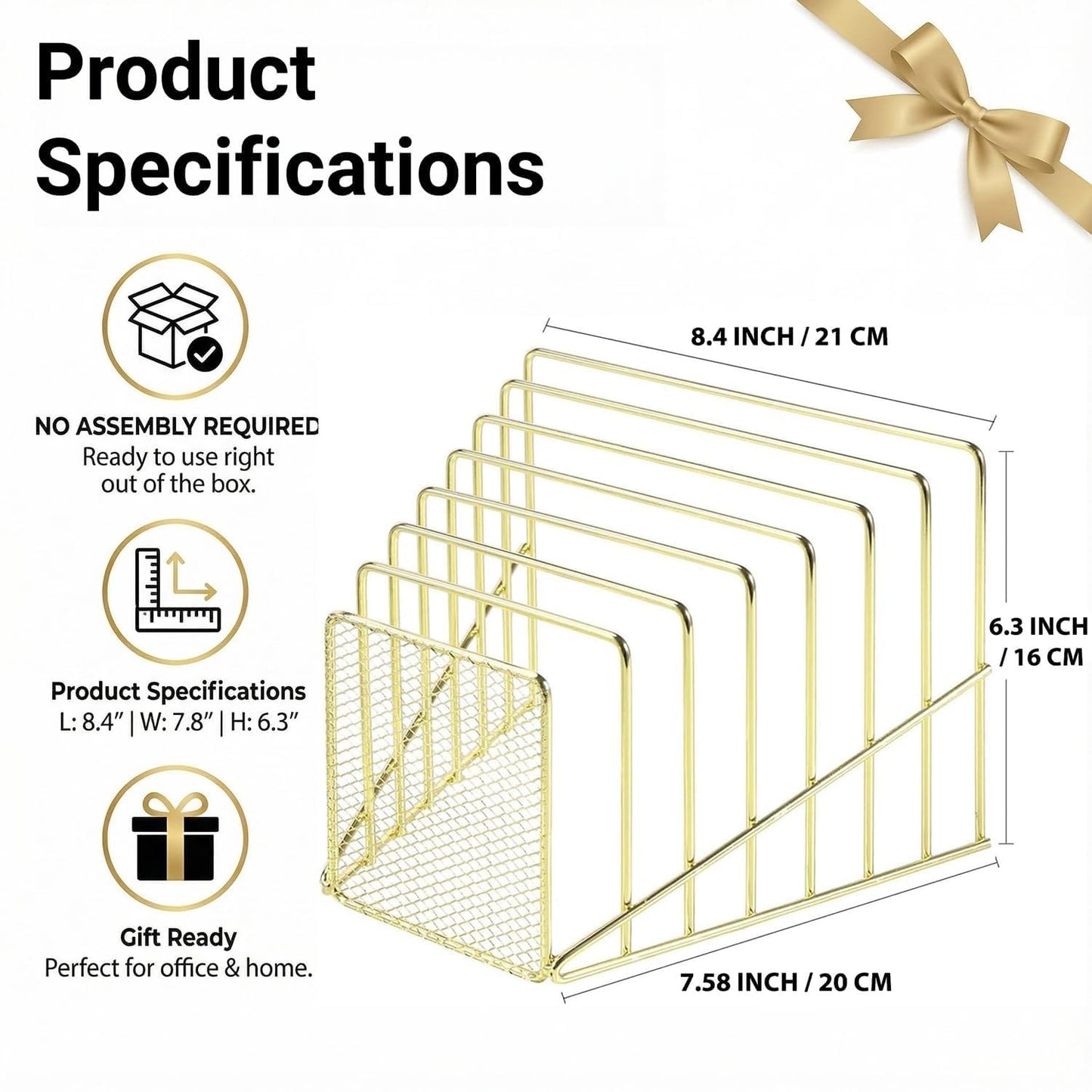 Simmer Stone Gold Desk Organizer 7 Slot Inclined Vertical File Folder Holder Sorter with Mesh Front Metal Wire Rack for Mail, Slim Binders, Books Office Organization Desktop Accessories