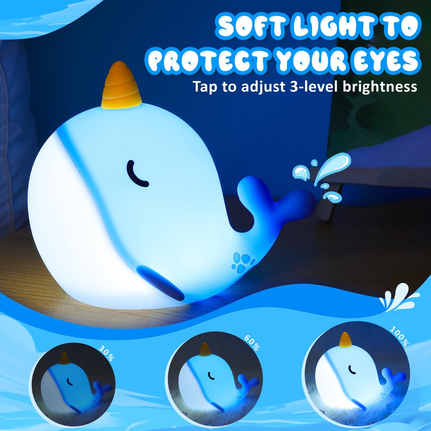 Ammonite Blue Narwhal Night Light, Soft Silicone Whale Nursery Lamp with 3 Dimming Levels and 30-Minute Timer, Touch Control Nightlight for Bedroom Decor, Christmas Birthday Gift