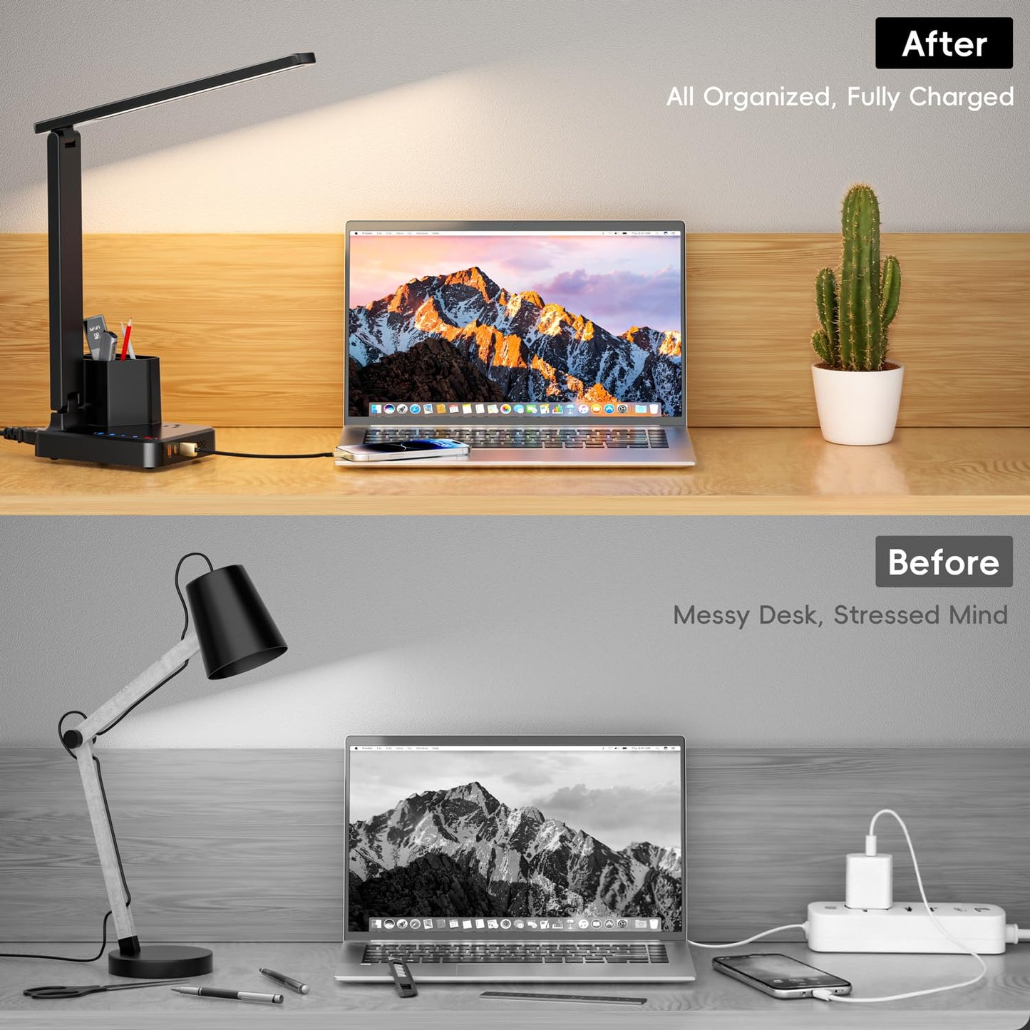 LED Desk Lamp with 3 USB Charging Ports 1 AC Outlet Small Table Lamp for Home Office/Bedroom/Study/College/Dorm Room Essentials, Foldable Reading Light w/Pen Holders for Craft/Artist/Puzzle/Nail/Task