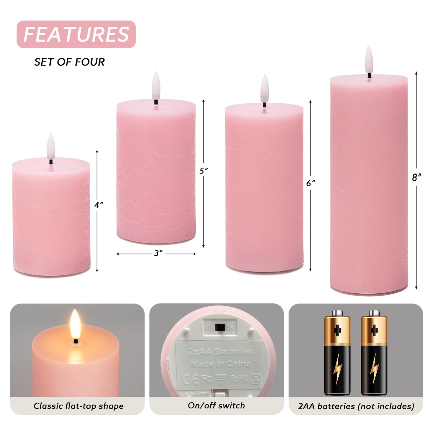 AFINETH Pink Flameless Candles, Real Wax Pillar Battery Operated Candles, Flat Top Flickering LED Pillar Candles with Remote, 4 Pack Fake Candles for Home Party Wedding Romantic Night Decor