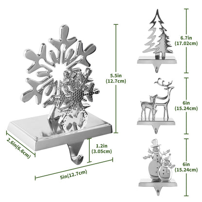 Christmas Stocking Holders for Mantel Set of 4, Stocking Hangers Reindeer Snowman Christmas Tree Snowflake Metal for Fireplace Mantel Holiday Christmas Decorations Stocking Hanger Hook - Silver