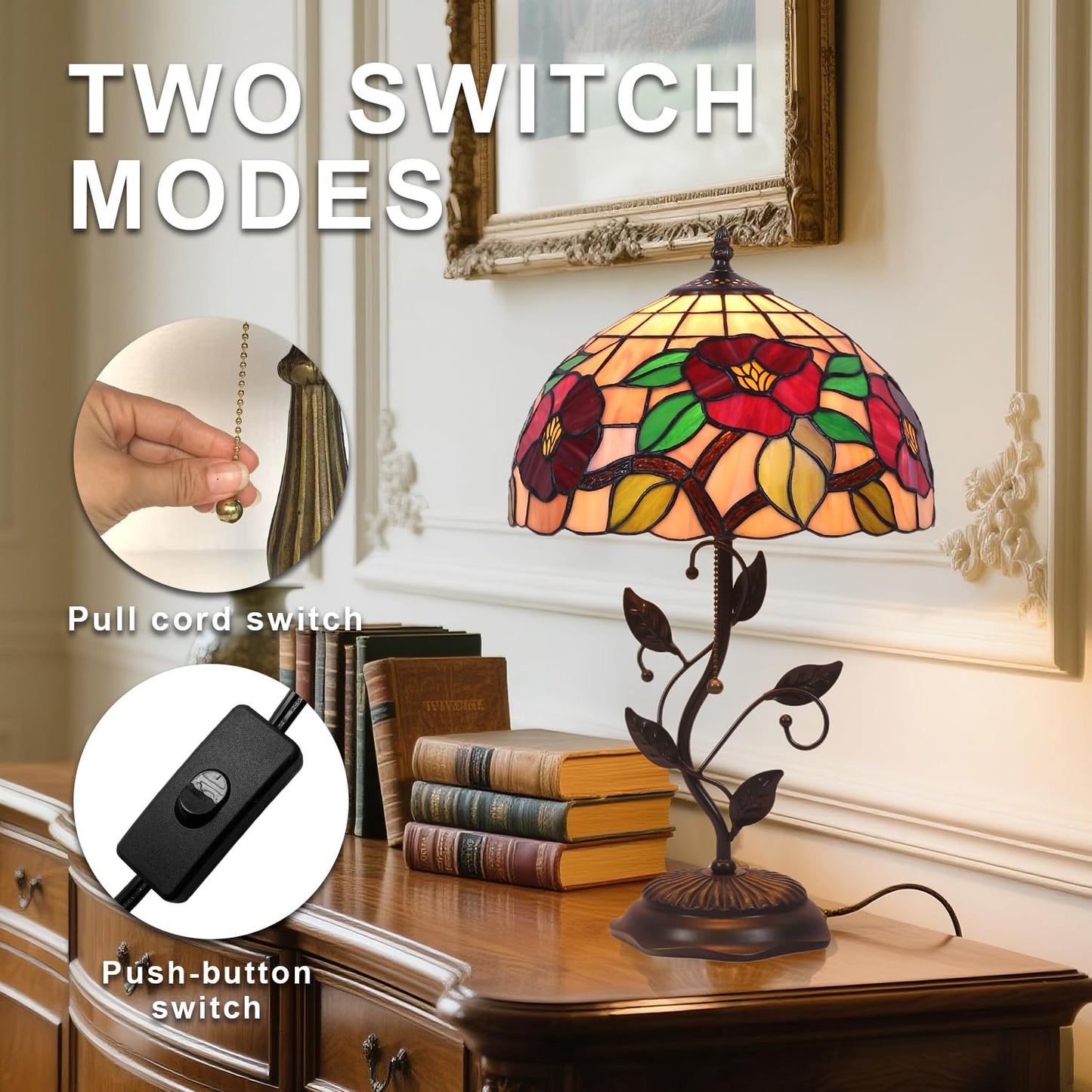 TFNALNB Tiffany Table Lamp, Stained Glass Crabapple Flower Design, with Metal Leaf Base, 12x12x19 Inch for Bedroom, Living Room, Home, Office